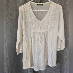 Flower Ivory Embroidered Hippie Blouse Size M Tie Back Flared Sleeve